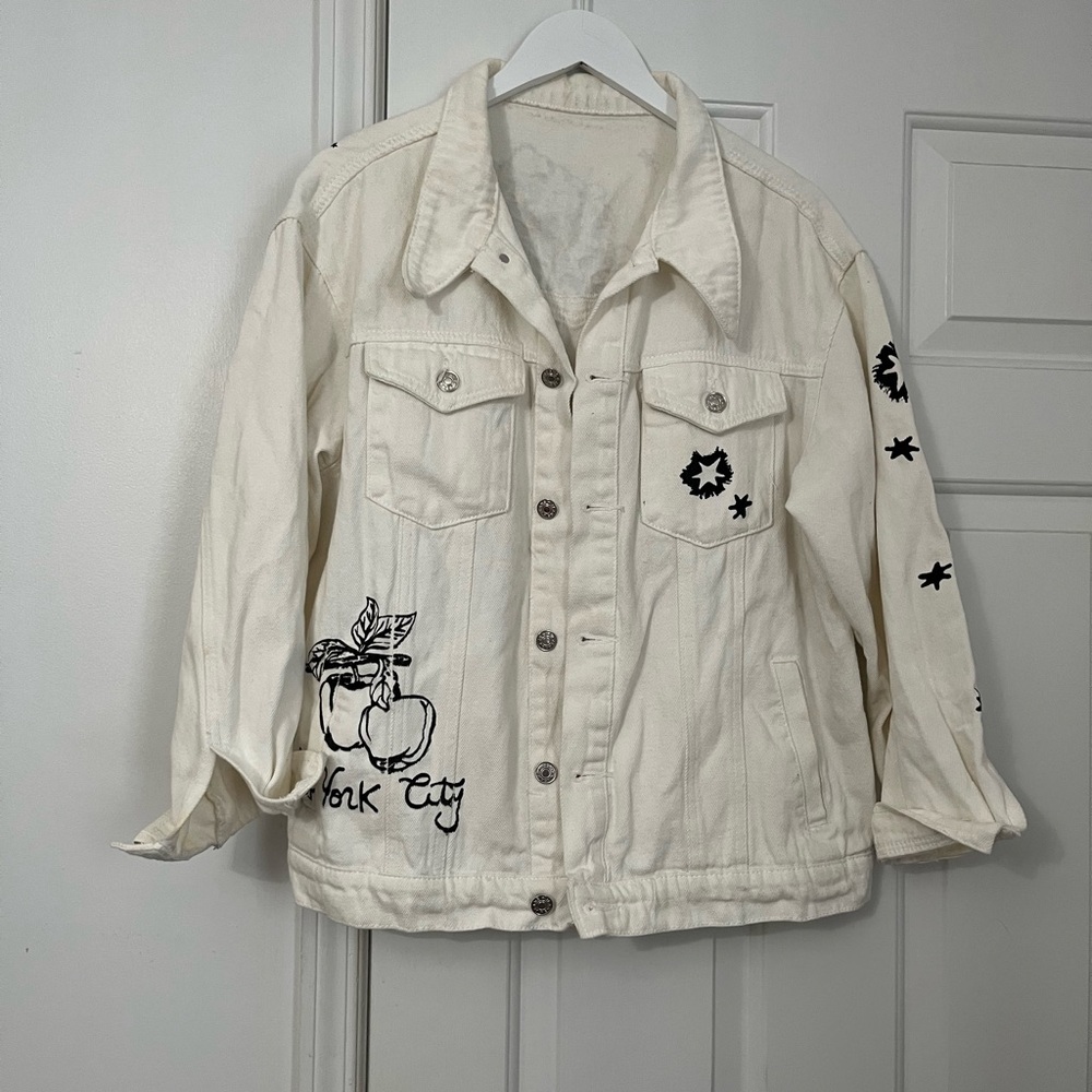 Cream Denim Jacket with Black Graphic Design